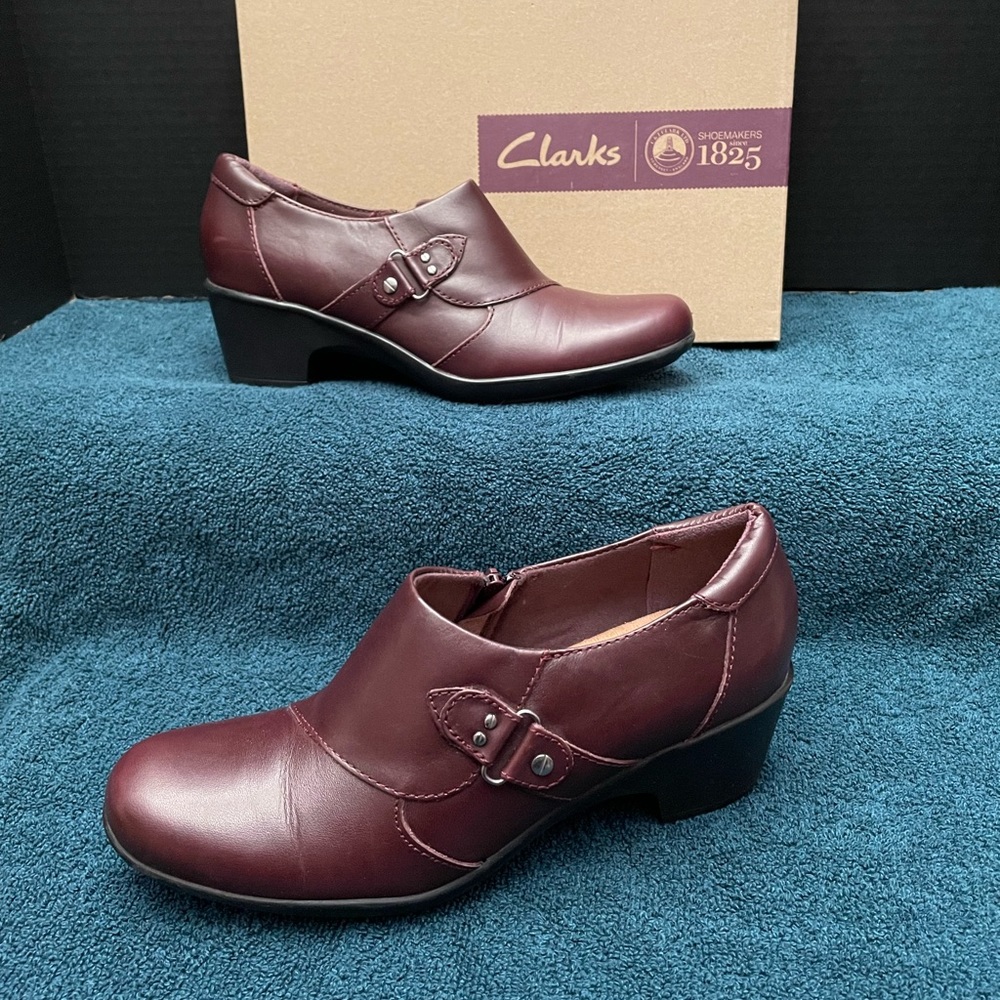 Clark’s Burgundy Comfortable Heeled Ankle Bootie
